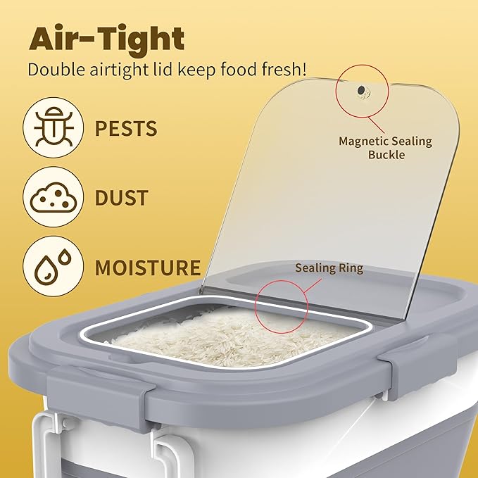 20-30Lbs Rice Container,Collapsible Airtight Food Storage Containers with Wheels,Handle,Rice Storage Container with Small Bin and Scoop,Rice Dispenser for Flour Sugar Cereal Grain Dog Cat