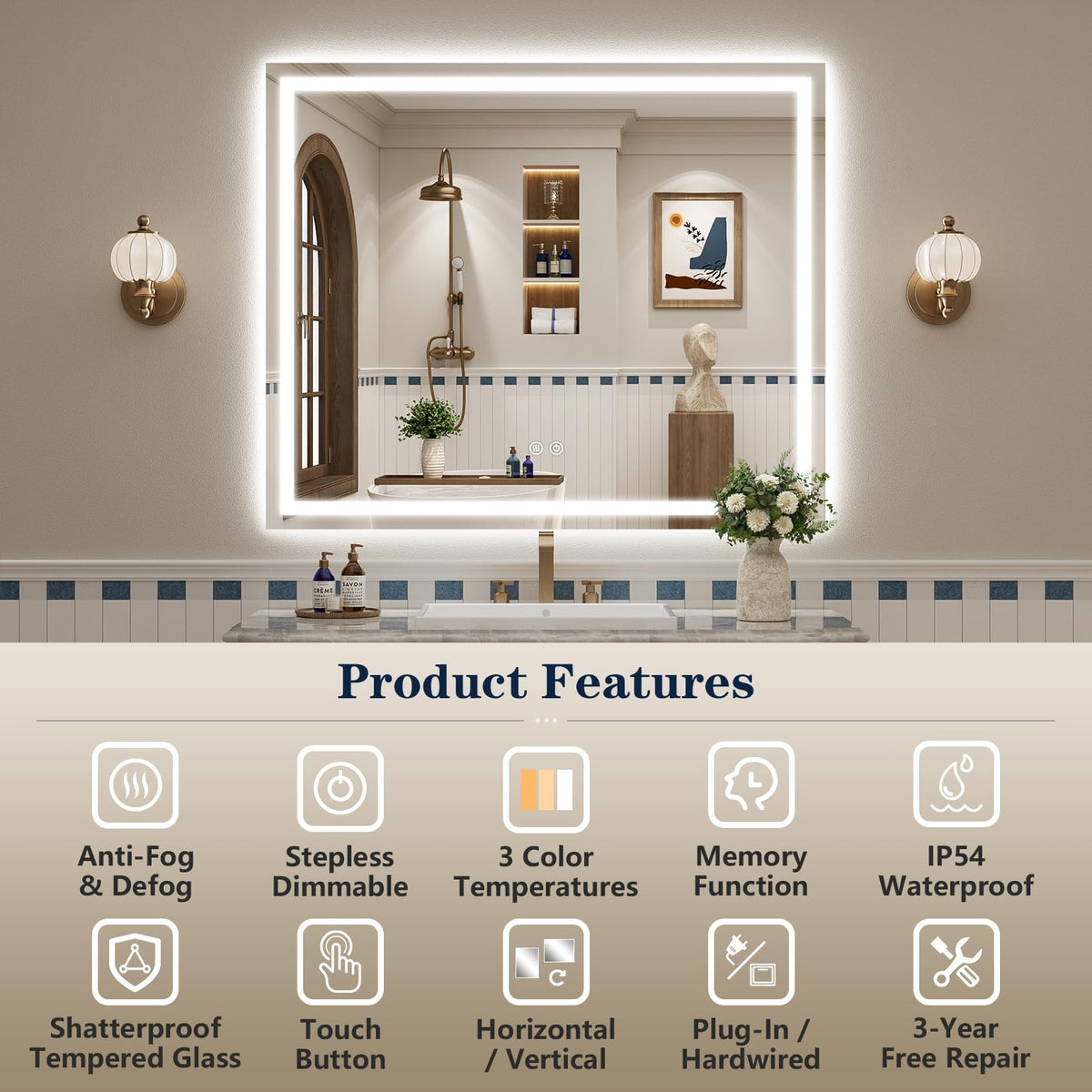 VEEYLOS 40x40 Inch LED Bathroom Mirror with Lights, Backlit & Front Lit