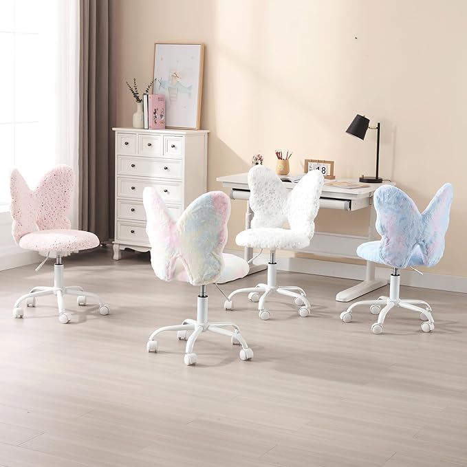 Butterfly Kids Desk Chair Girls Students Study Chair Adjustable Computer Chairs Furry Swivel Office Child Reading Chairs for Home/Bedroom/School/Dorm, Pink