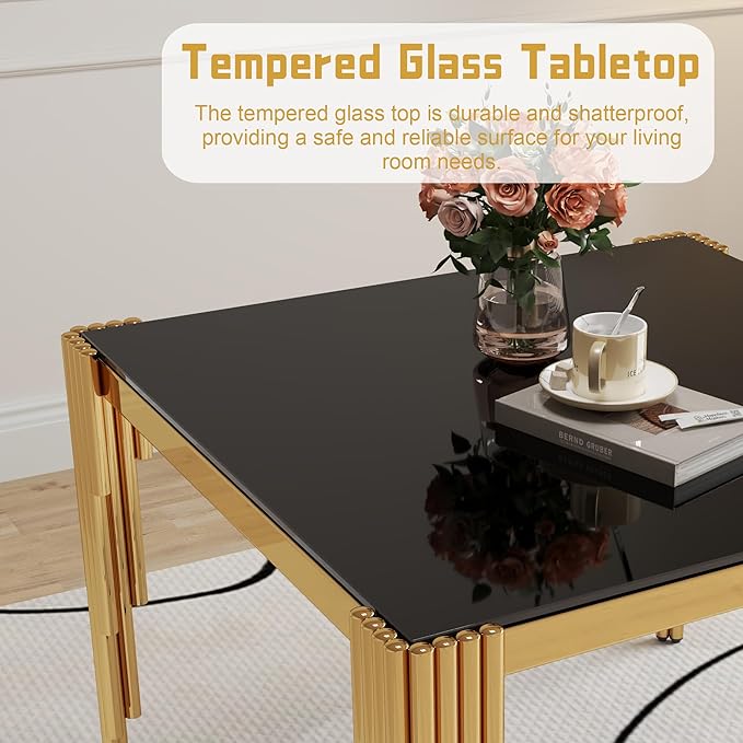 5 Piece Glass Dining Table Set, 35" Square Tempered Glass Kitchen Table with 4 Black Velvet Upholstered Chairs, Dining Chairs Set of 4 for Kitchen, Living Room (Black, Gold)
