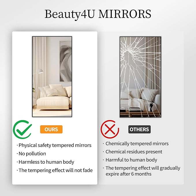 Beauty4U 59" x 16" Tall Full Length Mirror with Stand, Black Wall Mounting Full Body Mirror, Metal Frame Full-Length Tempered Mirror for Living Room, Bedroom