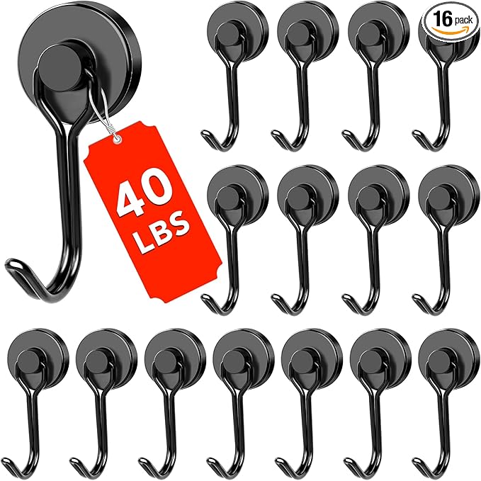 DIYMAG Black Magnetic Hooks, 40LBS Strong Magnetic Hooks Heavy Duty, Strong Magnet Hooks with Metal Hanger for Hanging Refrigerator Home Kitchen Office, 16Pack