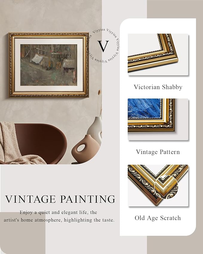 VIYYIEA Gold Framed Wall Art Canvas Print Home Decor Dark Brush Landscape Abstract Shapes Oil Painting Vintage Wall Decor Boho Decorative Aesthetic Room Decor for Living Room Bedroom Office 13x16in