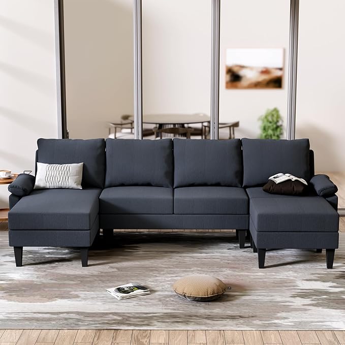 FONTOI U Shaped Sectional Couch, Convertible Modular Sectional Sofa with Chaise & Ottomans, Modern 6 Seat U Shaped Couches for Living Room Apartment, Blue