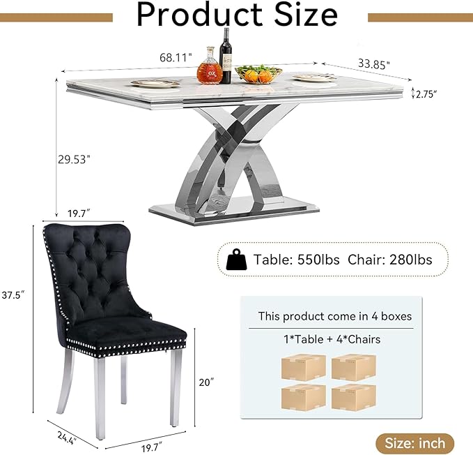 Modern White Marble Dining Table Set for 4,5-Piece Kitchen Table and Chairs for 4,Luxury Silver Dining Room Table Set w/68" Rectangle Dinner Table & 4 Black Velvet Chairs for Kitchen Dining Room