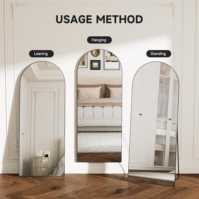 Arched Full Length Mirror 58"x19", Black Tempered Glass Wall Hanging Mounted Body Length Mirrors with Stand, Large Floor Aluminum Alloy Thin Frame