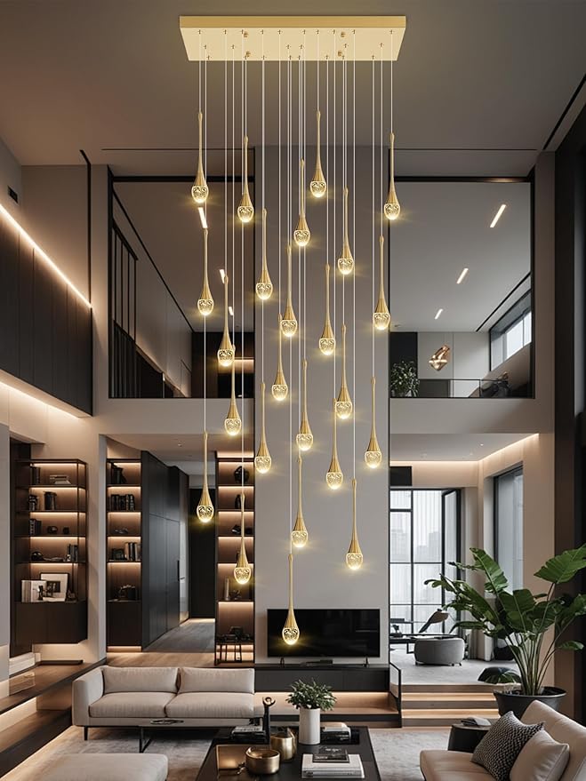 24-Lights Rectangular Chandelier Crystal Raindrop Chandeliers Flush Mount Ceiling Light for Dining Room Living Room High Ceiling Chandelier for Staircase Foyer Entryway Gold Chandeliers