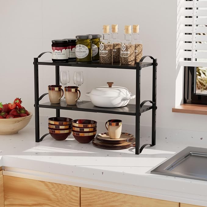 Expandable Cabinet Organizer Shelves, Countertop Shelf Organizers Storage for Kitchen Pantry, Spice Organization Rack, Desk Shelf, 2 Pack Stackable