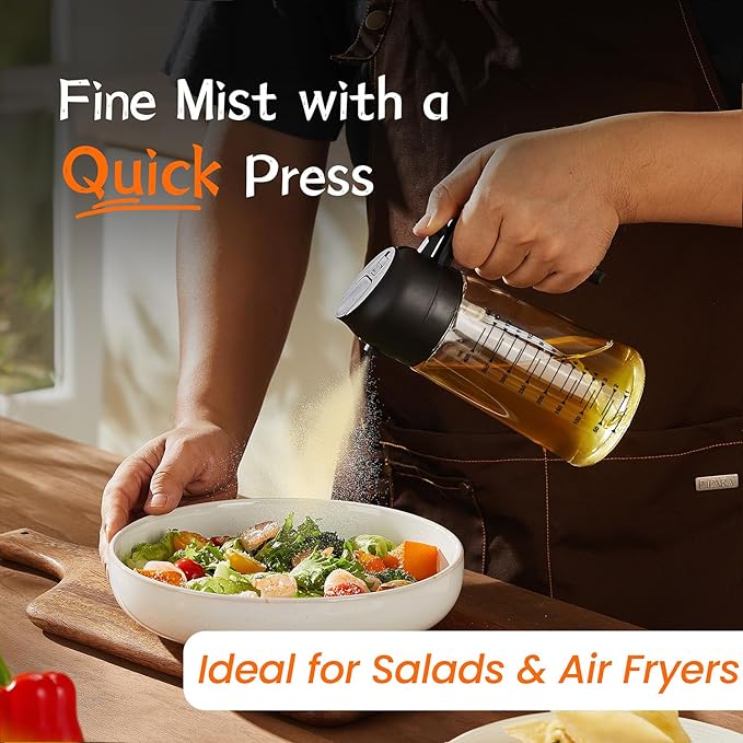 TrendPlain 16oz/470ml Glass Olive Oil Sprayer for Cooking – 2 in 1 Olive Oil Dispenser Bottle for Kitchen Gadgets and Air Fryer Accessories, Salad, BBQ - Black