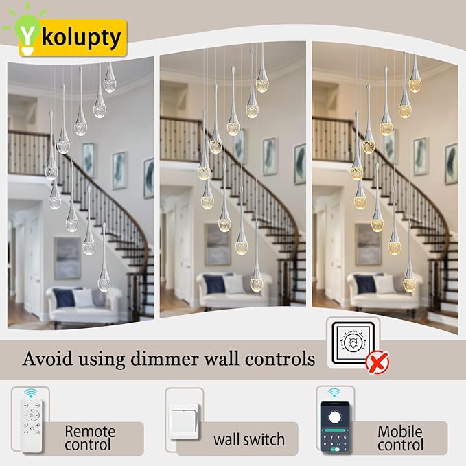 9-Lights H100'' Modern Chandelier 9-Lights Silver Foyer Entrance Chandeliers High Ceiling Chandelier LED Dimmable 2700-6000K Fixtures