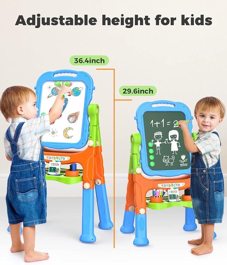 YOHOOLYO Kids Easel Standing Art Easel for Kids, Double Sided Children Pink Purple Easel Magnetic Chalkboard Whiteboard Dry Eraser Board Great Gift for Girls (Blue)