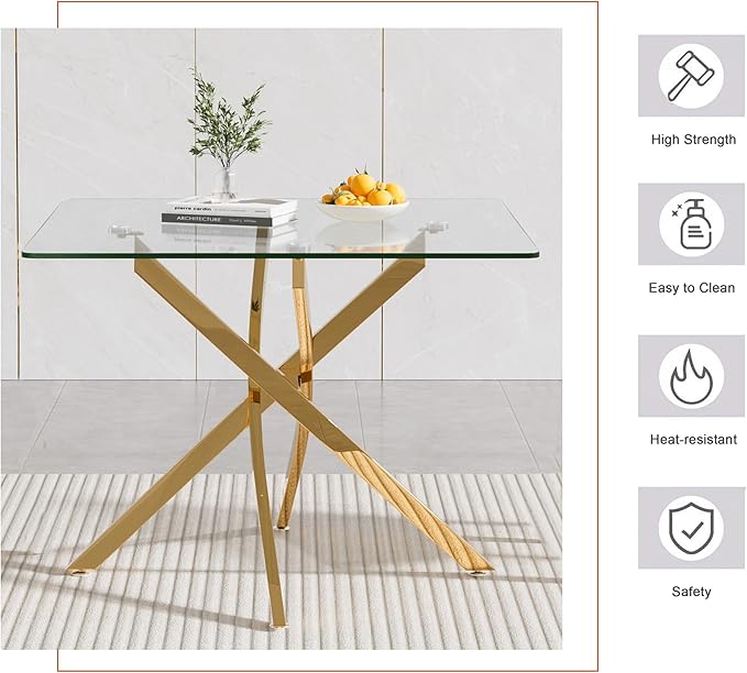 Goujxcy Glass Dining Table Set for 4, Modern Kitchen Table and Chairs Set of 4, 5-Piece Kitchen Dining Room Table Set w/36 Square Gold Glass Dining Table and 4 Green Velvet Upholstered Chairs