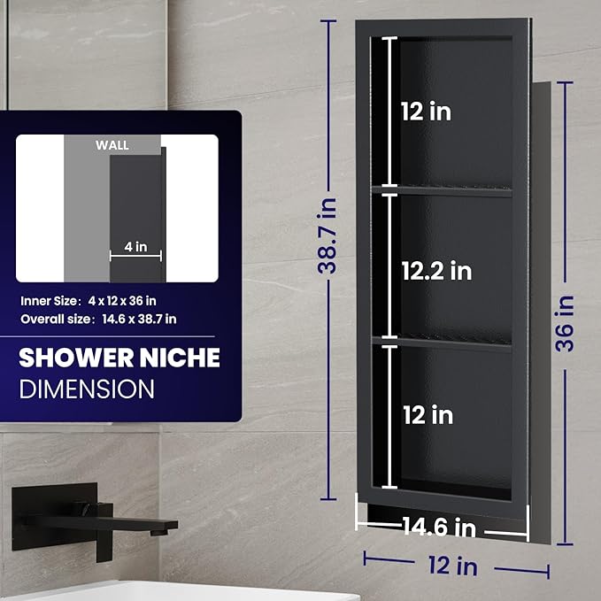 Stainless Steel Shower Niche 12" X 36"，3-Tier Recessed Wall Niche No Tile Needed Shower Shelf for Bathroom Storage (Black, 12 x 36)