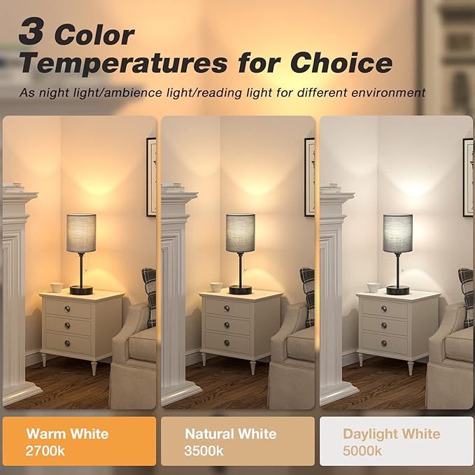 Dicoool Black Bedroom Lamp 3 Color Temperatures - Small Bedside Lamps with USB C and A Ports, Pull Chain Table Lamps with AC Outlet, Black Nightstand Light for Kids Sleeping