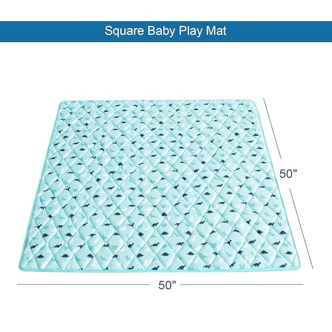 Premium Foam Baby Play Mat 50" X 50" - Non Slip Cushioned, Thick One-Piece Crawling Mat, Easy Clean, Aqua Dinosaur