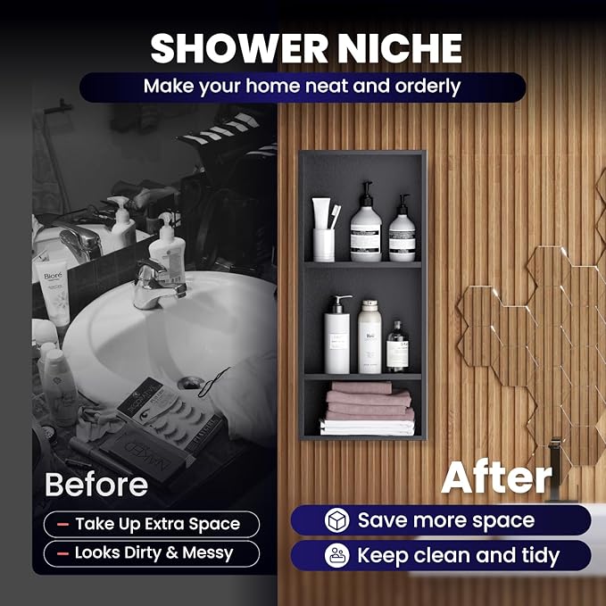 Stainless Steel Shower Niche 12" x 29", 3-Tier Shower Niches No Tile Needed, Recessed Niche for Shower Wall, Shower Niche Shelf for Bathroom Storage, Matte Black