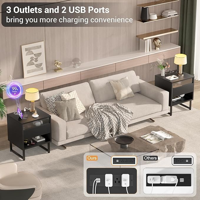 Black Nightstand with LED Lighting & Outlet & Drawer Light Modern Bedside Table with Charging Station, Drawer and Shelf for Bedroom Dorm Room Decor 18.89x15.74x21.25