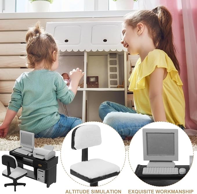 NUOBESTY 1:12 Dollhouse Miniature Office Furniture Set - Black Desk & Chair with Computer, Mouse, Keyboard, Printer for Kids' Doll House Decoration