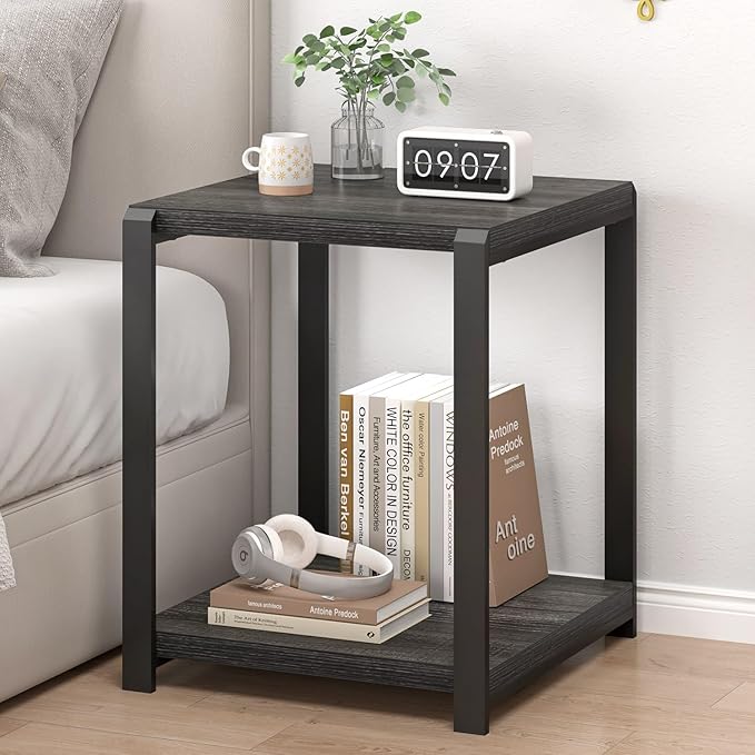 FOLUBAN Modern Side Table, Square End Table with Storage Shelf for Living Room, Rustic Industrial Wood Nightstand for Bedroom, Dark Gray