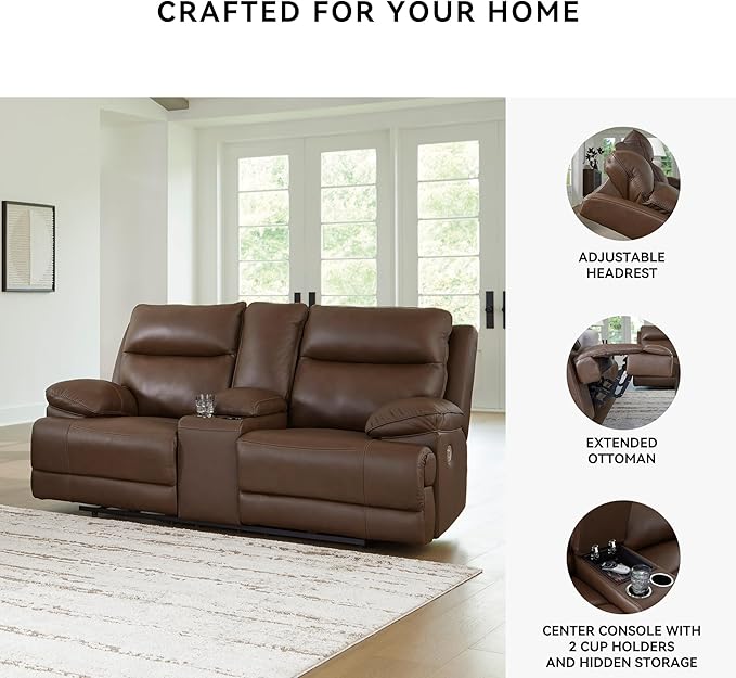 Signature Design by Ashley VonRyan Modern Leather Match Power Reclining Loveseat with USB Ports, Dark Brown