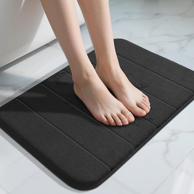 Yimobra Memory Foam Bath Mat, Super Soft Absorbent Bathroom Rug Non Slip 24x17 Inch, Quick Dry, Machine Washable Floor Carpet for Tub Shower, Home Decor Accessories, Black