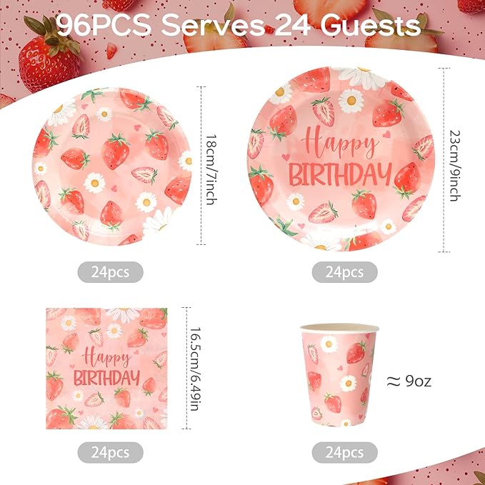 96pcs Kids Birthday Party Disposable Tableware Set Pink Strawberry Pattern for 24 Guests Party Supplies Round Plates（Include Plates, Cups and Napkins）