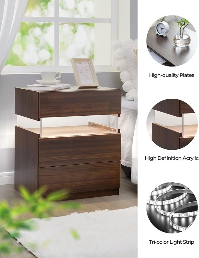 Bingoday LED Nightstand Wood LED Bedside Tables LED Night Stand with 3 Drawers End Side Tables for Bedroom Living Room