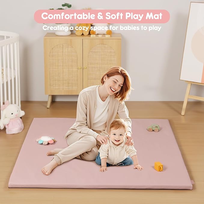Padded Baby Play Mat, Super Soft Vegan Leather Floor Mat for Baby Girls and Boys, 48x48 Non-Slip Thick Foam Cushioned Play Mat for Babies 6-12 Months, Fits Nicely Into 50x50 Playpen Mat, Pink