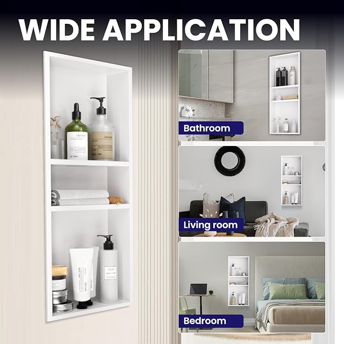 Stainless Steel Shower Niche 12" X 30"，3-Tier Recessed Wall Niche No Tile Needed Shower Shelf for Bathroom Storage (4x12x30 White)