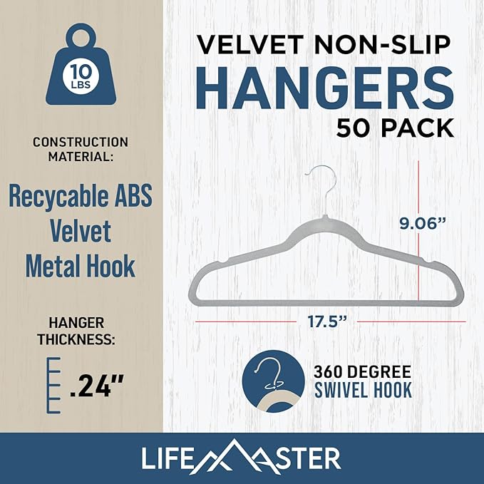 Velvet Non-Slip Hangers - 50 Pieces Non-Slip Coat Hanger Set with 360° Swivel Hook, Space-Saving, Sleek Design, Keep Closet Organized, Smooth Velvet Finish, Lightweight Construction - Gray