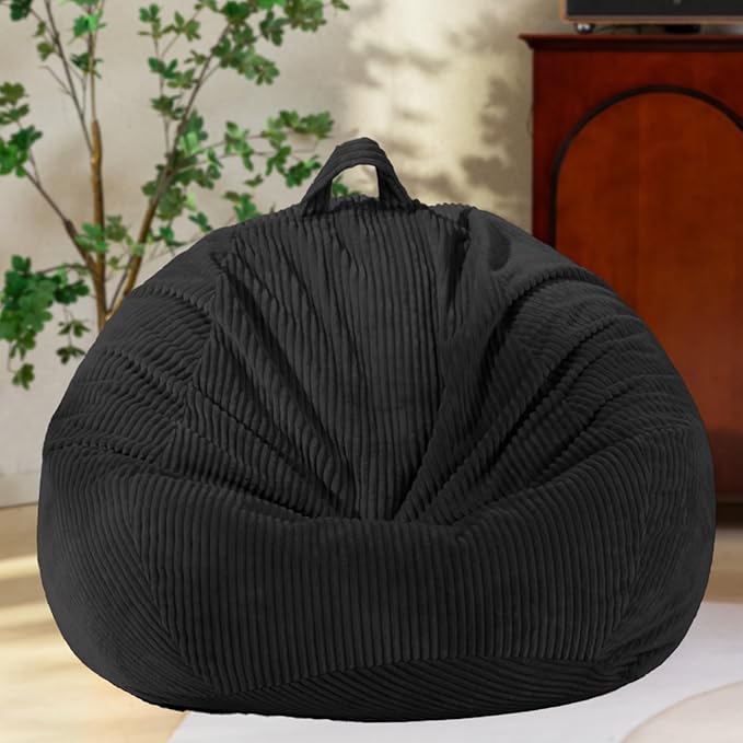 Stuffed Animal Storage Bean Bag Cover (No Filler), Corduroy Kids & Toddler Bean Bag Chair for Teens & Adults, Toy Storage Organizer, Comfy Sofa for Playroom (Onyx Black, Kids (Cover Only）)