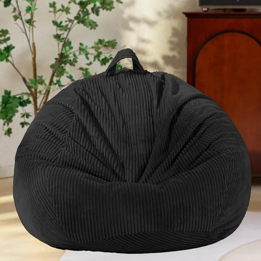 Stuffed Animal Storage Bean Bag Cover (No Filler), Corduroy Kids & Toddler Bean Bag Chair for Teens & Adults, Toy Storage Organizer, Comfy Sofa for Playroom (Onyx Black, Kids (Cover Only）)