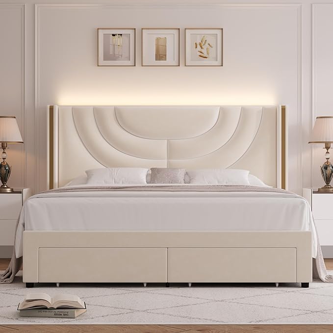 HITHOS King Upholstered LED Bed Frame with 2 Storage Drawers, Velvet Platform Bed with Wingback Headboard, Solid Wooden Slats Support, No Box Spring Needed, Headboard Splicing Design, Beige