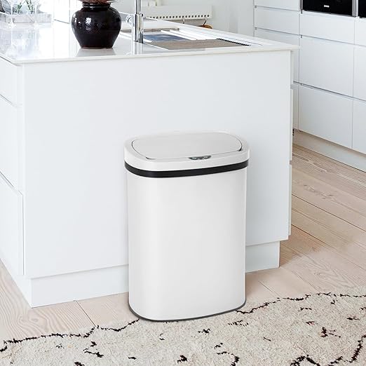 PayLessHere 13 Gallon Trash Can Kitchen Trash Can Automatic Garbage Can with Lid Touch Free High-Capacity Motion Sensor for Kitchen Bedroom Bathroom Office Trash Bin (1, White Stainless Steel)