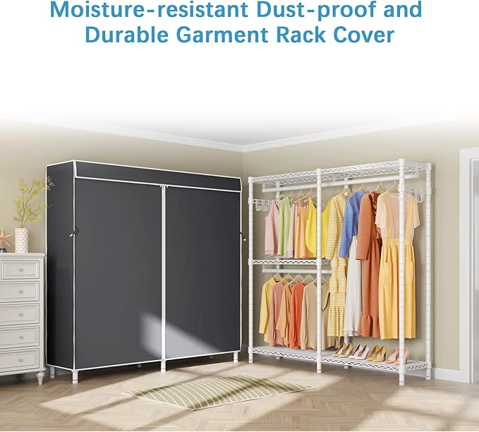 VIPEK V4C Garment Rack with Cover, Heavy Duty Portable Closet Adjustable Metal Clothing Rack for Hanging Clothes with Hanging Rods & Side Hooks, Max Load 810lbs, White Rack with Black Cover