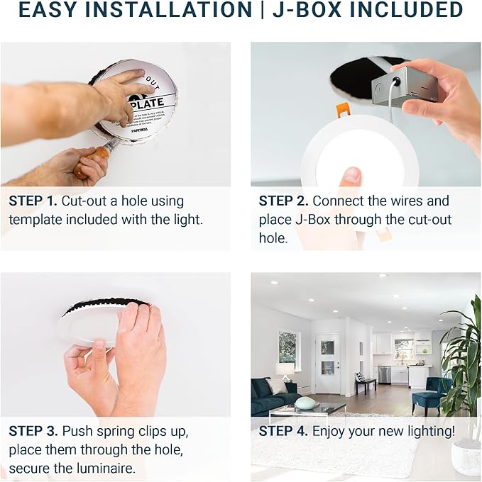 PARMIDA (6 Pack) 4 Inch LED Gimbal 5CCT Recessed Lighting, Directional Adjustable Canless Ceiling Light with J-Box, 2700K-5000K 5 Color Selectable, 9W, Eyeball Ultra-Thin Slim Panel, Dimmable, ETL