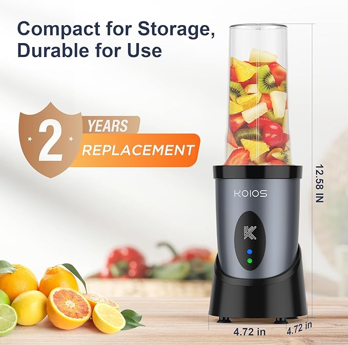 KOIOS Smoothie Blender, 900W Personal Blender for Shakes and Smoothies for Kitchen with 2 No-BPA 22oz Portable Cups, Single Serve Smoothies Maker Mixer for Juices, Nutritious Recipe (Grey Blue)