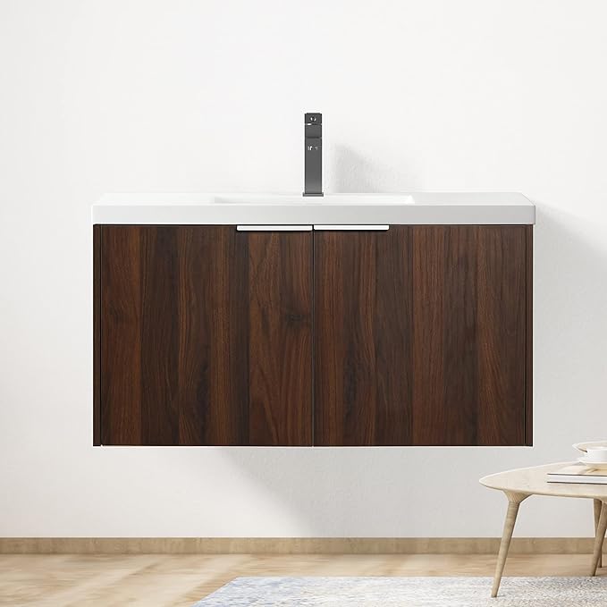 Goujxcy 36" Wall Mounted Bathroom Vanity with Sink, Modern Floating Bathroom Cabinet with White Resin Wash Basin & Storage Cabinet, Soft-Close Door Wood Hanging Bath Room Cabinet