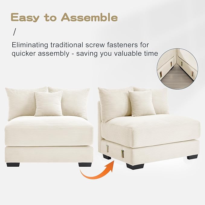 KEIKI 83" Oversized Corduroy Modular Sectional Loveseat Sofa with High-Density Foam Cushions, Extra-Thick Armrest, Upholstered Modern 2-Seater Fluffy Corner Couch with 6 Pillow, for Living Room, Beige