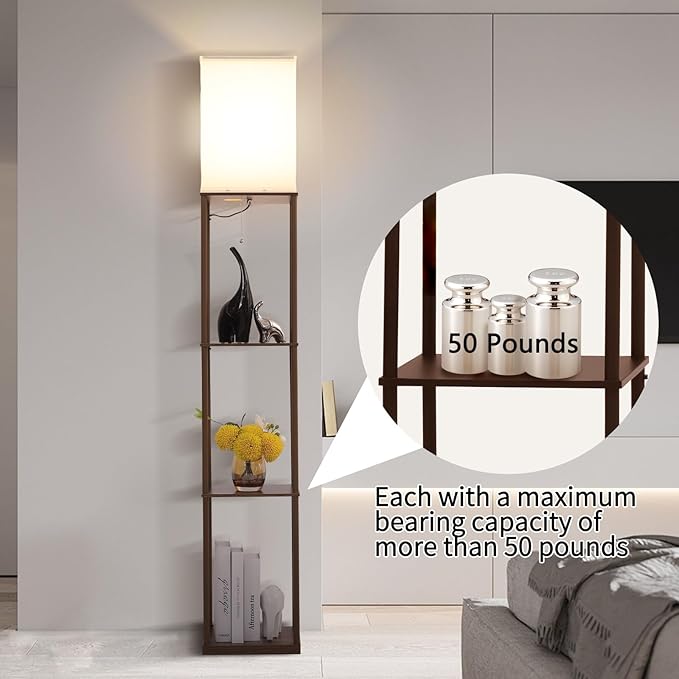 Floor Lamp with Shelves, Modern Square Standing Lamp with 3-Color Remote Control Dimming Bulb, Corner Display Bookshelf Lamp for Living Room, Bedroom and Office (brown-9YK)