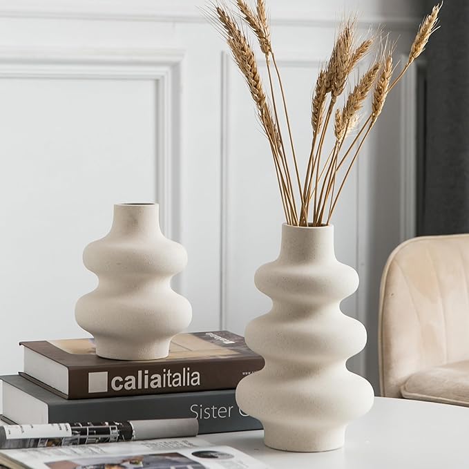 Ceramic Vase Set of 2, Off White Boho Vase for Modern Home Decor, Round Vases for Dried Flower, Pampas Grass, Pottery Vases for Office Centerpieces Wedding Dinner Table