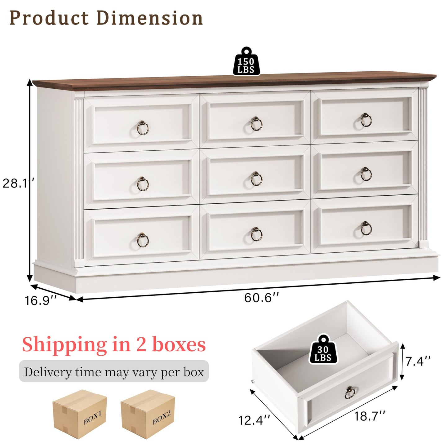 HUAHUU Farmhouse 9 Drawer Dresser for Bedroom, 60" Wide Wood Dresser with Roman Column, Chest of Drawers with Antique Bronze Circle Handles, Storage Organizer for Living Room, Hallway, Entryway, White