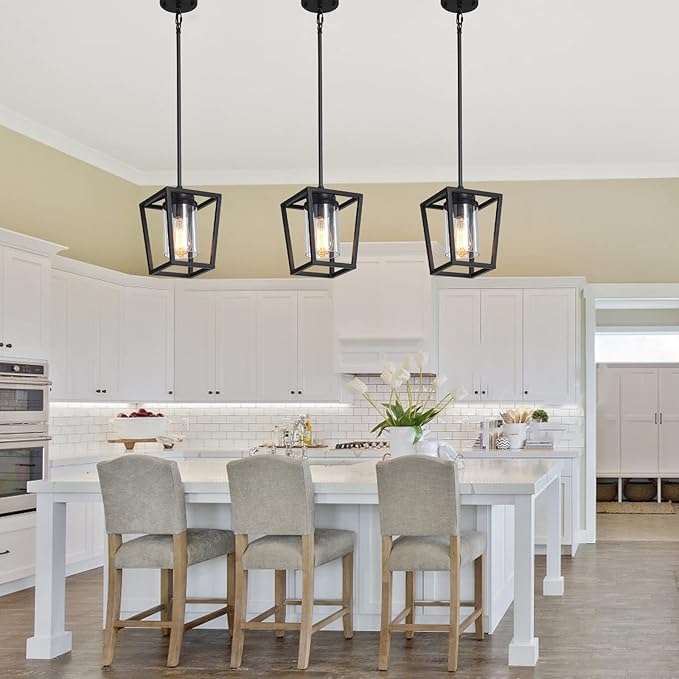 SGLfarmty 1-Light Black Pendant Lights Kitchen Island, Farmhouse Cage Metal Hanging Light Fixtures with Glass Shade，Adjustable Lantern Pendant Lighting for Dining Room, Entryway, Hallway