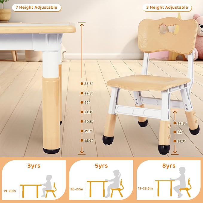 Arlopu Kids Table and 6 Chairs Set, Height Adjustable Graffiti Desk, Preschool Activity Art Craft Table, for Daycare Classroom Home Boys and Girls Age 3-12 (Beige)