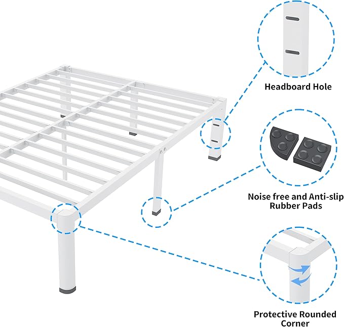 ROIL 18 Inch White Queen Bed Frame with Rounded Corner and Headboard Hole Mattress Retainers 3500LBS Heavy Duty Steel Slats No Box Spring Needed Platform Noise-Free Easy Assembly