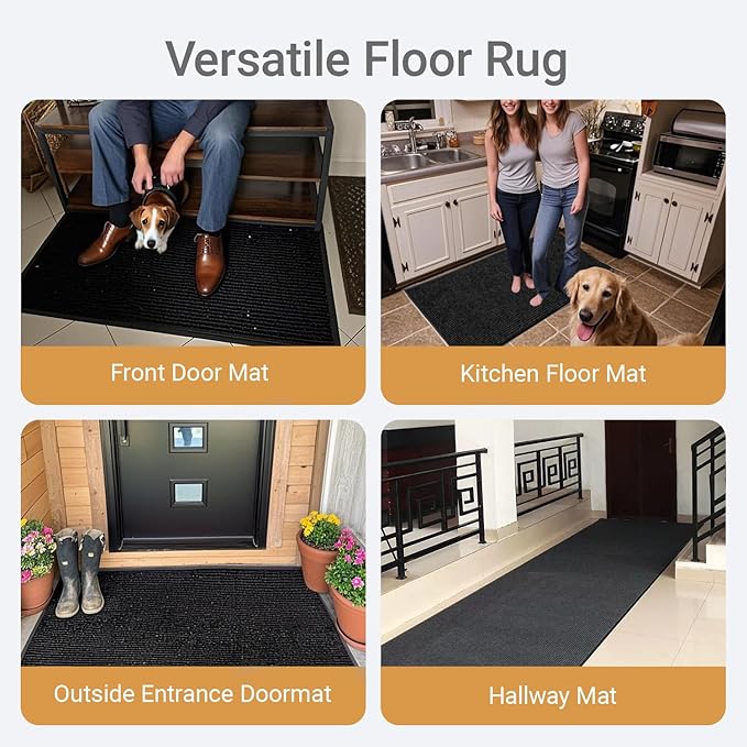 Outdoor Entry Rubber Rug, 4'x2' Commercial Heavy Duty Rubber Large Exterior Door Mat, Industrial Non-Slip Waterproof Welcome Floor Mats for Garage, Kitchen, Patio, Black 48" x 24"