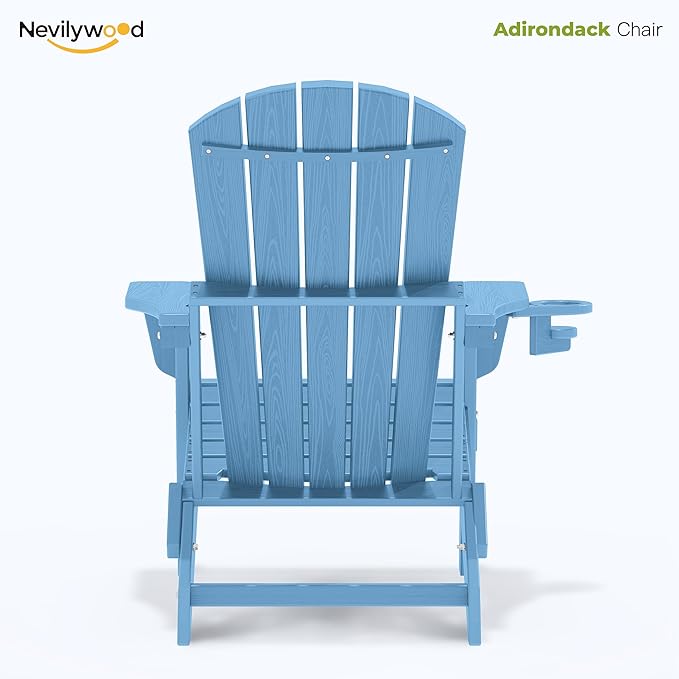 nevilywood Folding Adirondack Chair with Cup Holder Set of 2,All-Weather Adirondack Chair,Patio Chair,HDPE-Wooden Textured Lawn Chair- Light Blue