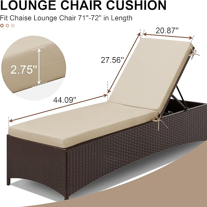 Crestlive Products Sunbrella Chaise Lounge Cushion, Outdoor Chair Cushion for Patio Furniture, Waterproof Lounge Cushions for Pool, Deck, Lawn, 72''L x 21''W, Canvas Antique Beige
