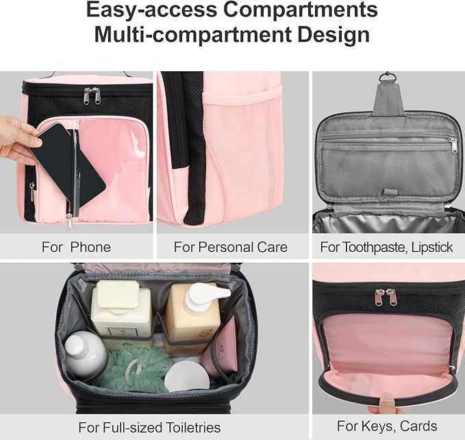 F-color Hanging Shower Caddy Portable - College Dorm Essentials for Guys with Hooks, Quick-Dry Shower Bag for Dorm Travel Gym Camping Essentials, Water-Resistant with Multiple Pockets, Light Pink