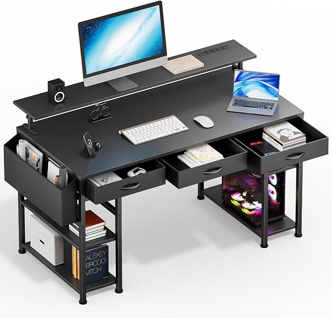 Black Gaming Desk with LED Lights and Power Outlets, 55 Inch Computer Desk with 3 Drawers and Adjustable Monitor Stand, Home Office Desks with Charging Station USB Port, Study Writing Table